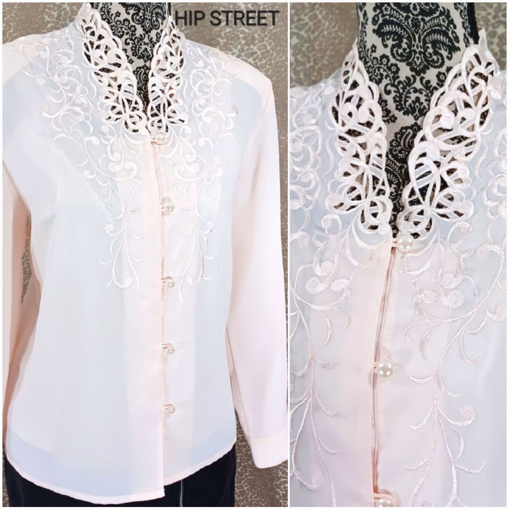 CHRISTIE & JILL Embroider Cut Work Pearl Button Shell Pink Blouse 8P NWOT